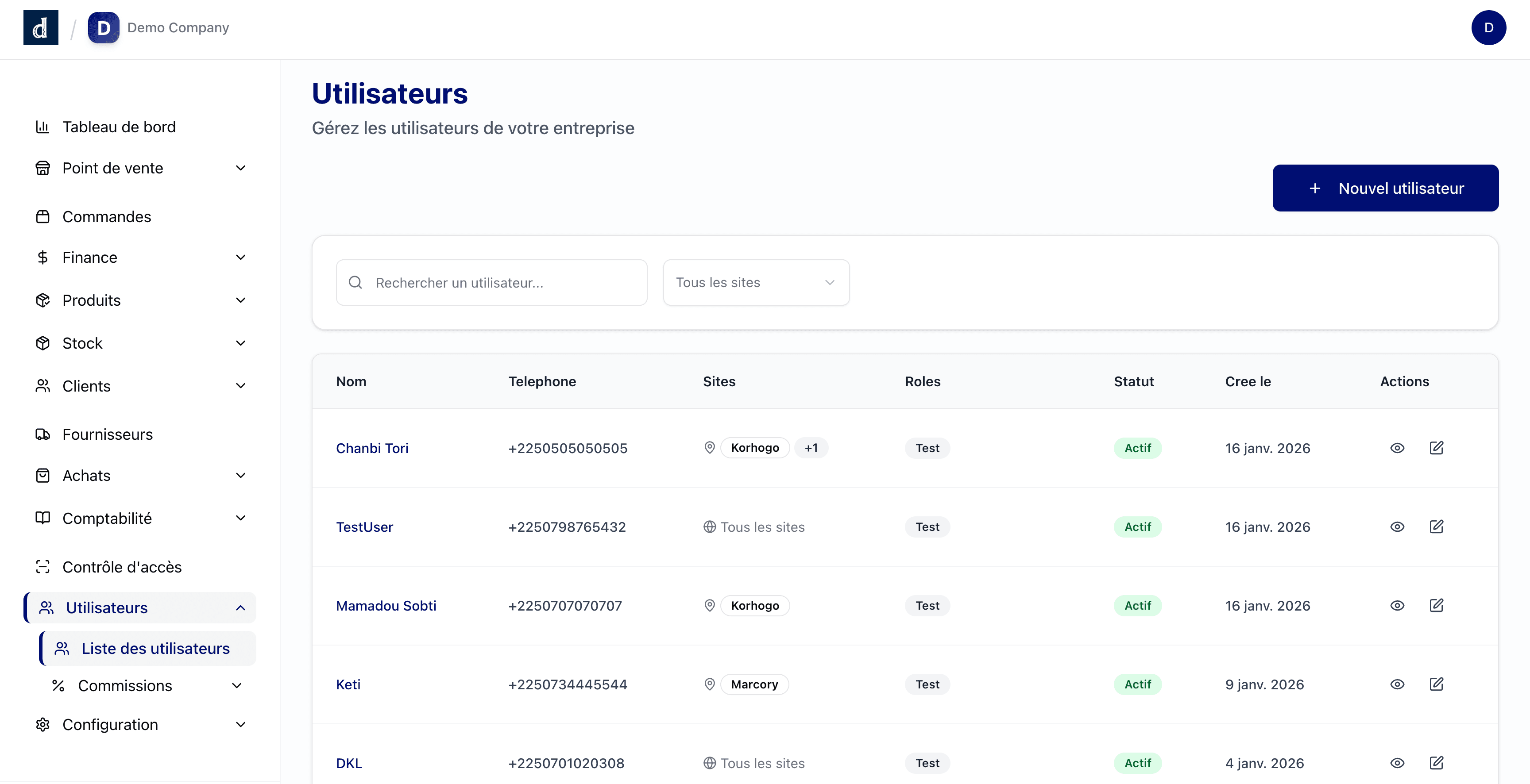 Gestion des utilisateurs DODJI